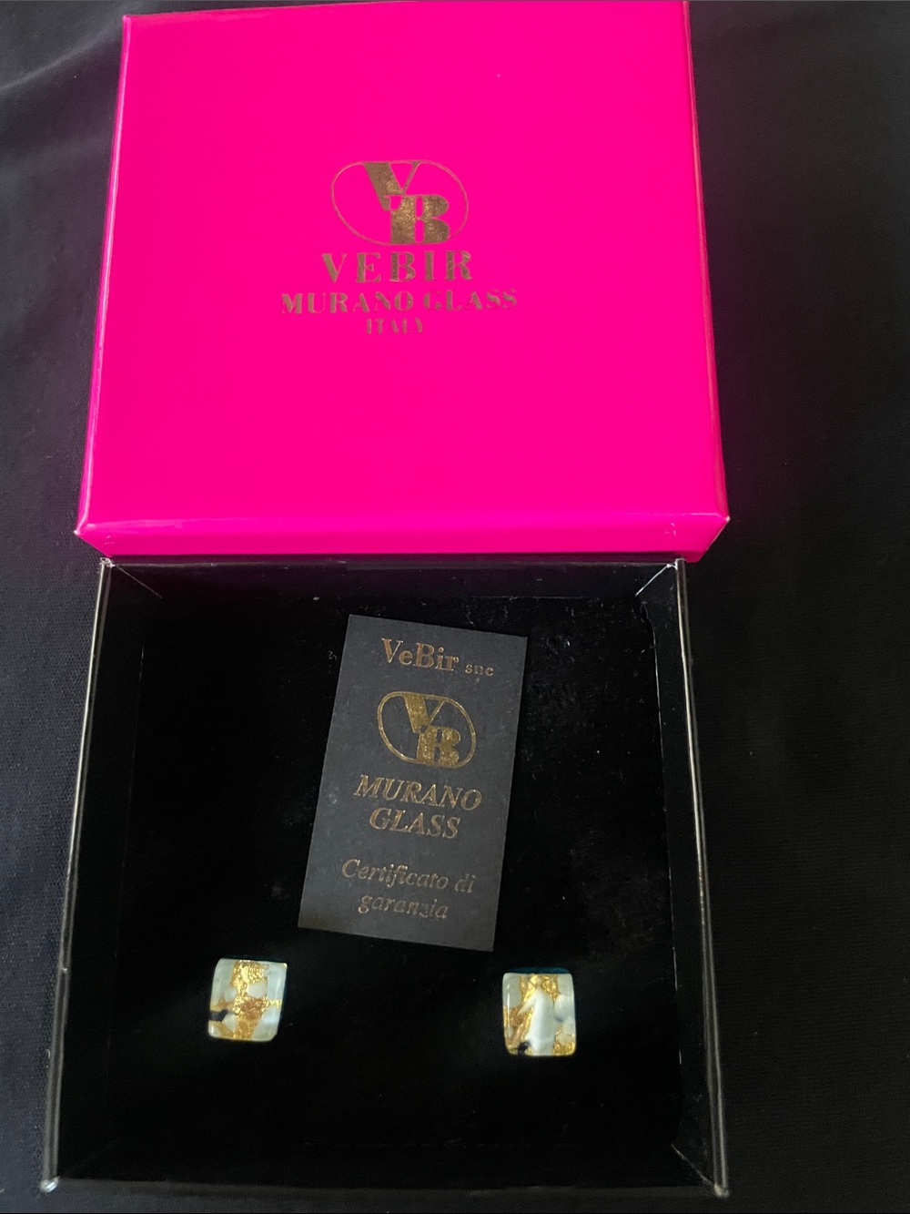 VeBir Murano Glass Gold & Blue Square Stud Earrings